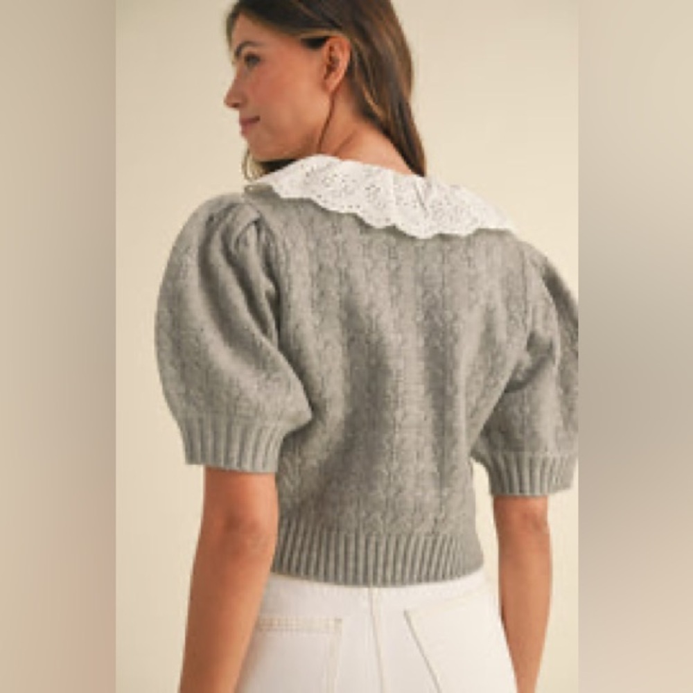 Mable Adley Lace Collar Cardigan Gray Cable Knit Eyelet Collar Large - Picture 2 of 10